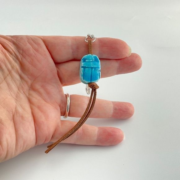 Blue Scarab Key Ring, Purse Charm, Vegan Suede Tassel, Ancient Egypt - Picture 8 of 9